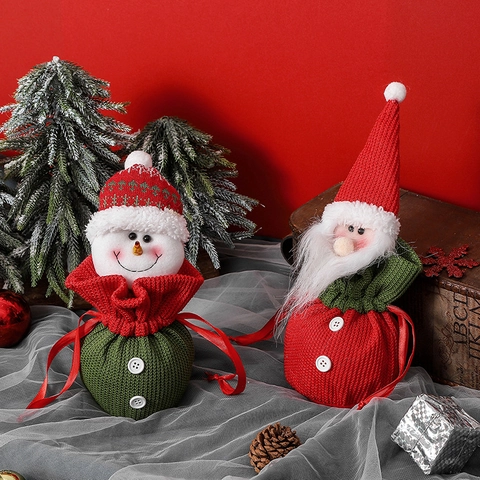 Weihnachtsgestrickte Kordelzug Geschenktüten Weihnachtsmann Schneemann Muster Süßigkeitenbeutel Festliche Dekoration