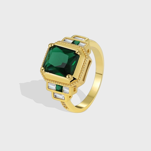 Bague Vintage en Laiton Plaqué Or avec Zircone Taille Émeraude Vert Blanc pour Femmes Accessoire de Luxe Bijoux de Fête