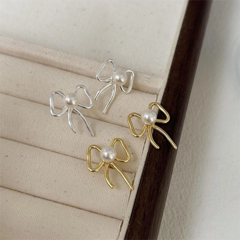 Artificial Pearl Stud Earrings With 925 Sterling Silver Earring Post Minimalist Bowknot Design Elegant Versatile Jewelry