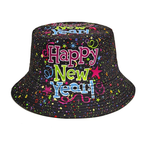 Bob Imprimé Happy New Year En Polyester Réversible Protection Solaire Fête Vacances Voyage Chapeau Pêcheur Homme Femme