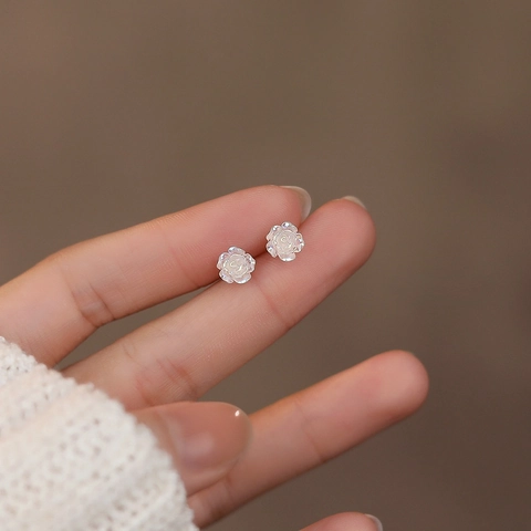 925 Sterling Silver Rose Stud Earrings French Vintage Iridescent White Flower Earrings For Women Chic Elegant Jewelry Gift