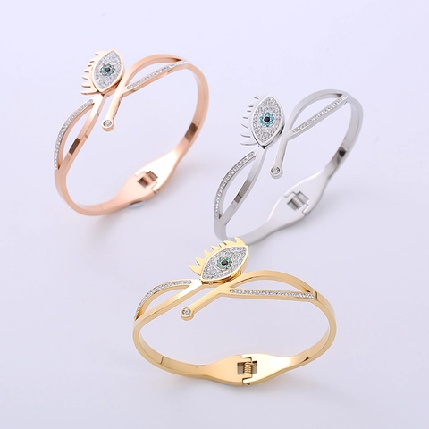 Bracciale Rigido Malocchio Acciaio Inossidabile 304 Strass Intrecciato Apertura A Molla Gioielli Alla Moda