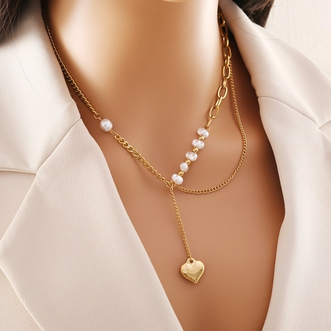 Heart Pendant Stainless Steel Jewelry Necklace Bracelet Earrings Faux Artificial Pearl Elegant Trendy Double Layer For Women Love Inscribed
