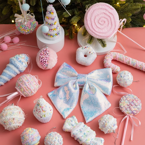 Macaron Kerstboom Hangende Ornamenten Plastic Schuim Glitter Snoep Lolly Donut Strik Tak Vakantie Huis Feest Decoratie