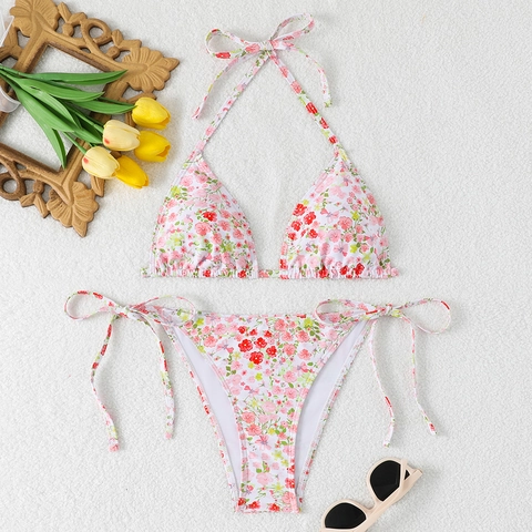 Women Bikini Halter Triangle Top And Side Tie Bottoms Floral Print Summer Beachwear Sexy Padded Swimsuit