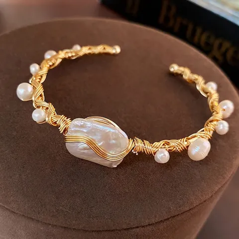 Artificial Baroque Pearl Handcrafted Gold Wrapped Open Bangle Bracelet French Vintage Elegant Jewelry For Women