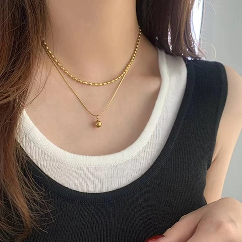 Double Layer Necklace Titanium Steel Gold Plated Round Bead Ball Pendant Minimalist Stackable Clavicle Chain For Women