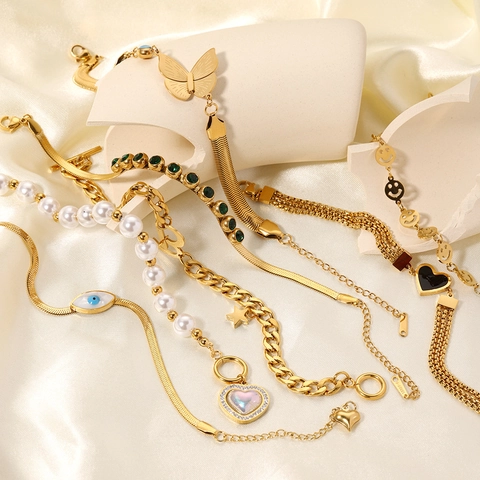 Stainless Steel Gold Plated Bracelet Butterfly Heart Evil Eye Zircon Artificial Pearl Charm Elegant Jewelry For Women