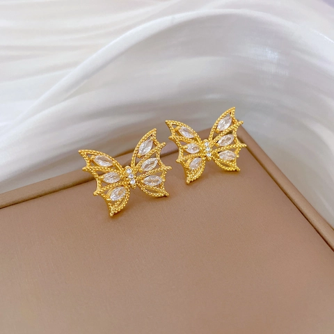 Butterfly Necklace And Earrings With Zircon Hollow Gold Plated Titanium Steel Chain And Silver Earring Post