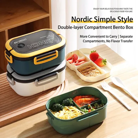 Boîte Bento Divisée À Double Couche Adaptée Au Micro-Ondes Portable 1200ml Plastique PP Boîte À Déjeuner Avec Ustensiles