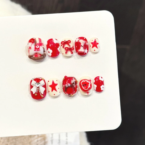 Faux Ongles Faits À La Hand Rouge Blanc Étoiles Nœuds 3D Relief Künstliche Perles Style Français Doux Fête Femmes