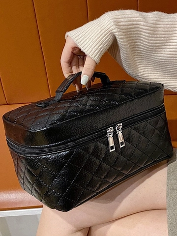 Borsa Trucco Trapuntata A Rombi In Pelle PU Grande Capacità Organizzatore Da Viaggio Trousse Cosmetica A Mano Doppia Cerniera
