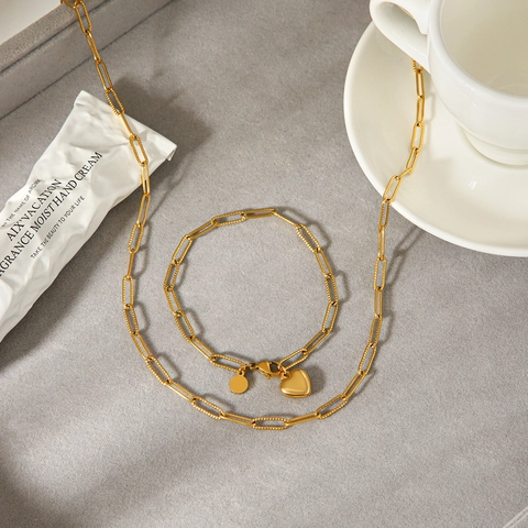 Heart Pendant Necklace And Bracelet Stainless Steel Paperclip Chain 18K Gold Plated Fashion Jewelry Women
