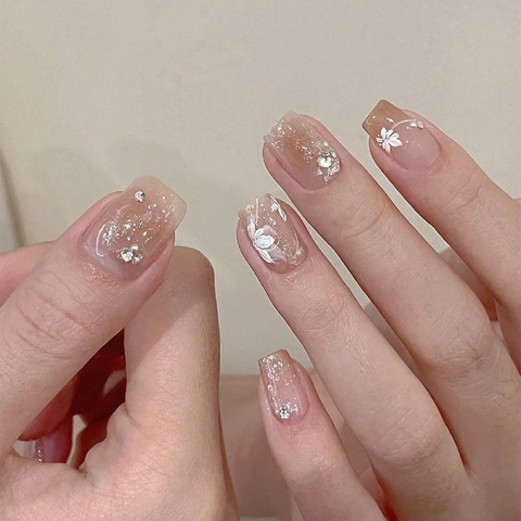 White Flower Gradient Press On Nails With Rhinestones And Glitter Square Oval Glossy False Nail Tips Elegant