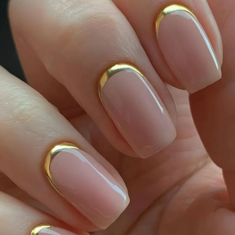 French Press On Nails Gold Metallic Tips Nude Pink Artificial False Nails Square Shape Wearable For Women Elegant Manicure