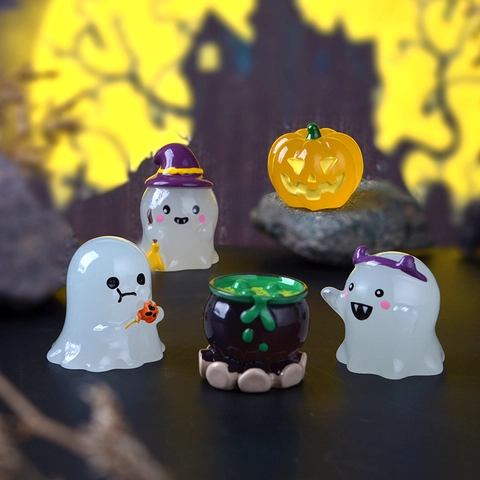 Miniatur Halloween Figuren Leuchtend Harz Im Dunkeln Leuchtend Geist Kürbis Kessel Garten Deko Schreibtisch Ornamente