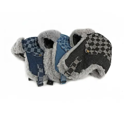 Chapeau Trappeur En Denim À Damier Hiver Protection Des Oreilles Chaud Coupe-Vent Doublure Fausse Fourrure Unisexe
