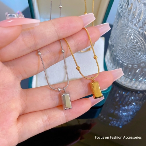 Minimalist Rectangular Bar Pendant Necklace Stainless Steel Gold Plated Snake Bone Chain With Metal Beads For Women