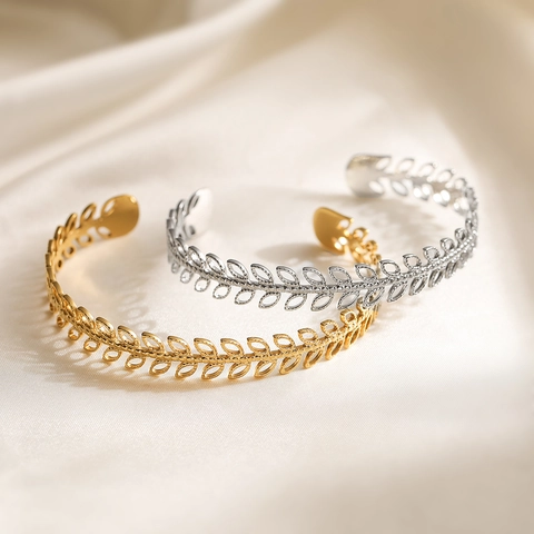 Hollow Wheat Ear Leaf Open Cuff Bracelet Stainless Steel 18K Gold Plated Trendy Adjustable Delicate Jewelry For Women