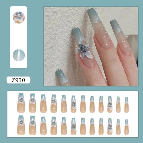Uñas Postizas Largas Ataúd Degradado Azul Verde Estilo Francés 3D Flor Orquídea Pedrería Perla Artificial Uñas Artificiales