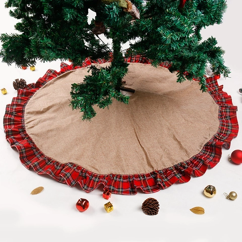 Kerstboomschort Jute Linnen Rode Ruit Ruchesrand Schotse Stijl Feestelijke Vakantie Decoratie