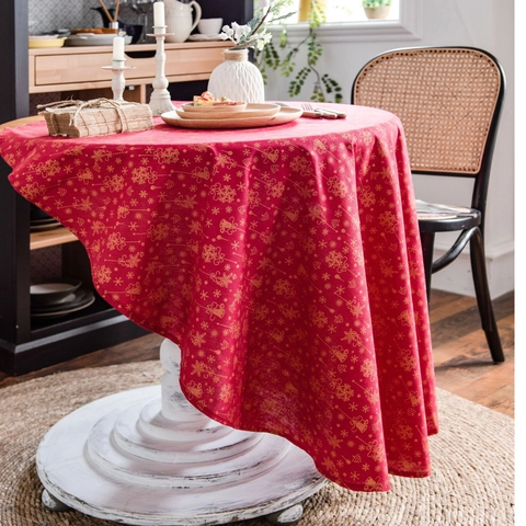 Christmas Bronzing Snowflake Round Tablecloth Red Green White Cotton Linen Blend Table Cover For Holiday Party Decoration