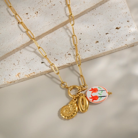 Tulip Anhänger Halskette Edelstahl Vergoldet Muschel Conch Ozean Stil Blume Büroklammerkette Schmuck Für Frauen