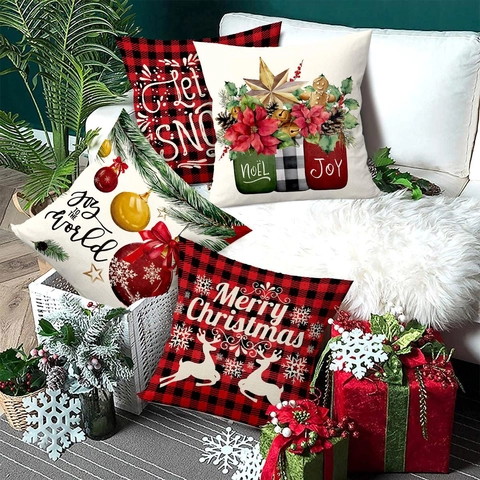 Kerst Kussenslopen Kerstman Rendier Buffalo Ruit Print Polyester Decoratieve Kussenhoezen Voor Bank Woonkamer Decoratie