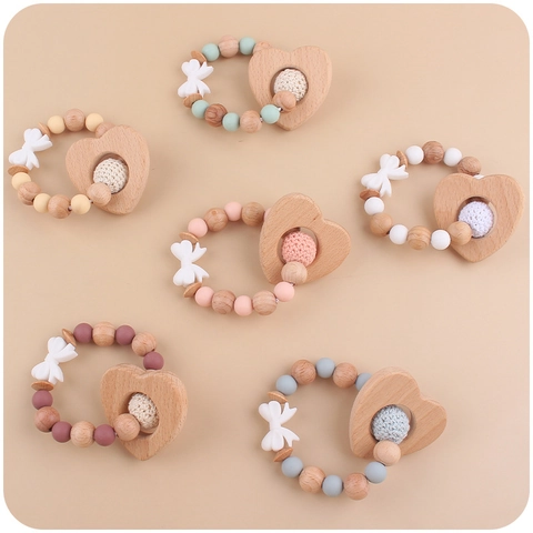 Baby Pacifier Clip Chain Silicone Beech Wood Beads Heart Teether Toy Soothing Handmade Cartoon Bracelet For Infants
