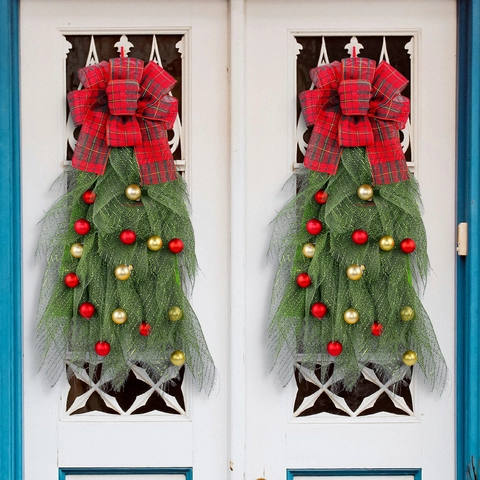 Weihnachts Swag Türbehang Netz Roter Karobogen Bunte Bälle Festliche Treppe Wanddekor Feiertags Ornament Heimdekor