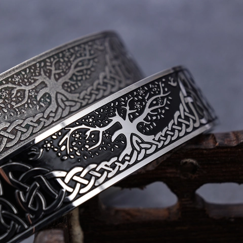 Tree Of Life Celtic Knot Stainless Steel Open Cuff Bangle Vintage Nordic Viking Style Adjustable Jewelry For Men Women