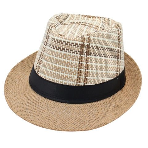 Plaid Fedora Hat Straw Paper Short Brim Breathable Sun Protection Summer Beach Travel Vintage Jazz Style Unisex