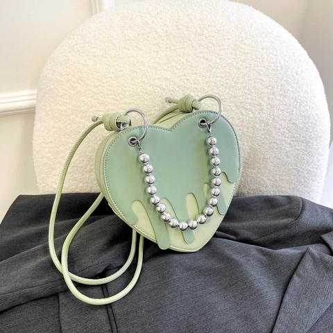 Borsa A Tracolla A Forma Di Cuore Pelle PU Effetto Liquido Borsa A Mano Donna Catena Con Sfere Metalliche Cerniera