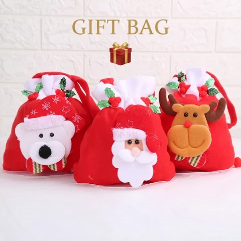 Sacchetti Regalo Di Natale Velluto Coulisse Con Bambole 3D Babbo Natale Pupazzo Di Neve Renna Orso Borse Per Caramelle Portatili