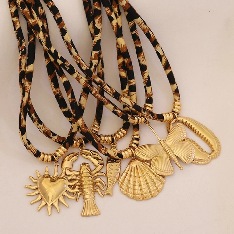 Collier Corde Tissée Imprimé Léopard Avec Pendentifs Cœur Soleil Papillon Coquille En Acier Inoxydable 304 Plaqué Or Pour Femmes