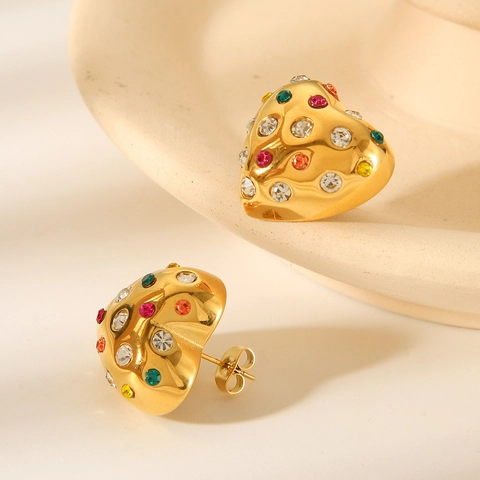 Pendientes De Botón De Corazón Chapado En Oro De 18K Acero Inoxidable Con Diamantes De Imitación Coloridos