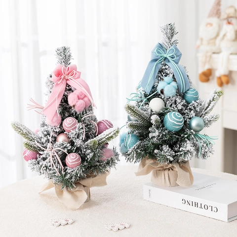 Mini Christmas Tree Snow Flocked Desktop Ornament With Ribbons Ornaments And Linen Base For Home Holiday Office Decor