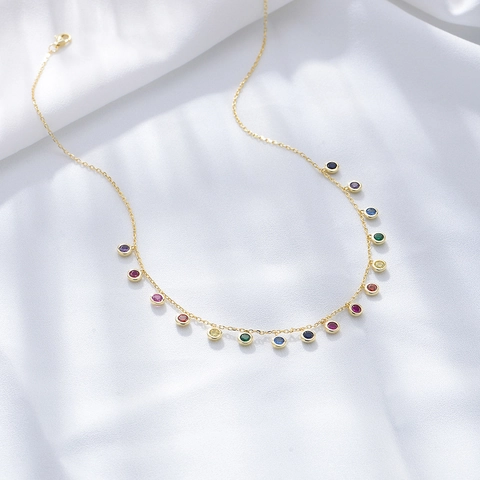 Collana in Argento Sterling 925 Con Zirconia Colorata Rotonda per Donna Pendente in Pietra Preziosa Arcobaleno Catena Girocollo Oro