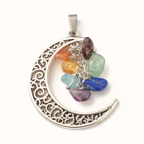 Halbmond Anhänger Halskette Legierung Mit Chakra Kristallchips Hohl Bohemian Vintage Heilsteine Schmuck