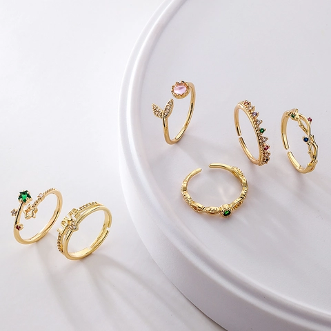 Geometrischer Offener Ring 18K Vergoldetes Kupfer Zirkonia Verstellbar Minimalistisch Mode Schmuck Damen