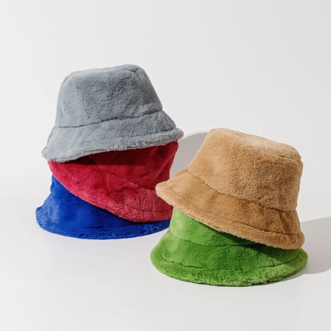 Faux Fur Bucket Hat Solid Color Warm Winter Windproof Soft Casual Plush Fisherman Cap For Women
