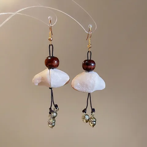 Retro Ethnic Style Long Dangle Earrings With Wood Beads Natural Fruit Pits And Alloy Acorn Charms For Women