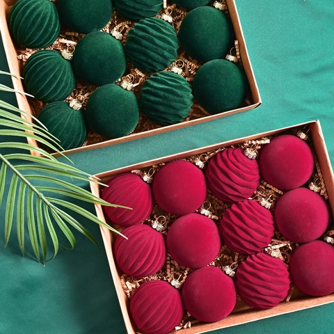 Flocked Velvet Christmas Ball Ornaments Textured Smooth Hanging Baubles For Holiday Tree Home Festive Decoration