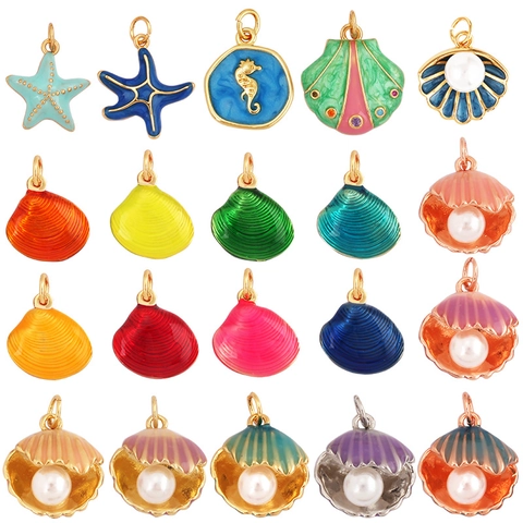 Ocean Enamel Pendants Alloy Seashell Starfish Dolphin Seahorse Anchor Charms For Summer Beach Holiday DIY Jewelry Making
