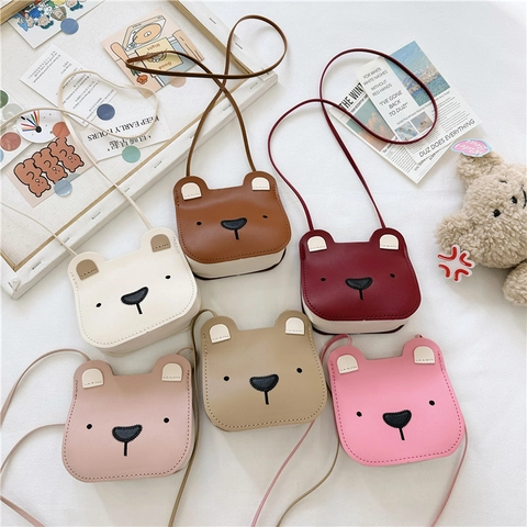 Kids Crossbody Bag Cartoon Bear Shaped PU Leather Shoulder Bag With Adjustable Strap Fruit Decor For Girls