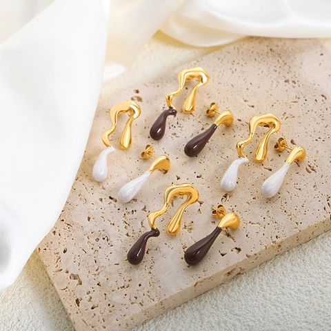 Asymmetric Fluid Melted Water Drop Earrings Titanium Steel Gold Plating Oil Drip Modern Art Statement Jewelry For Women