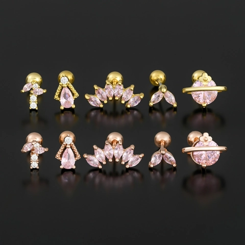 Pink Zircon Cartilage Stud Earrings Geometric Planet Piercing Jewelry With Stainless Steel Earring Post