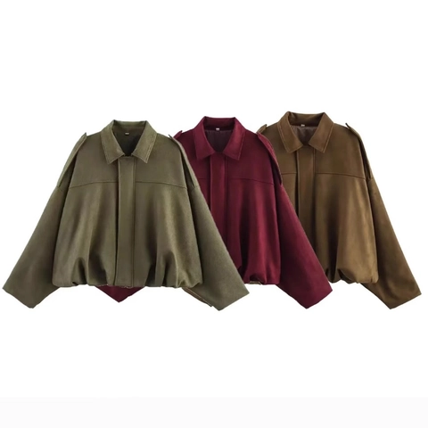 Women Cropped Bomber Jacket Suede Texture Oversized Lapel Zipper Long Sleeve Vintage Solid Color Casual Outerwear