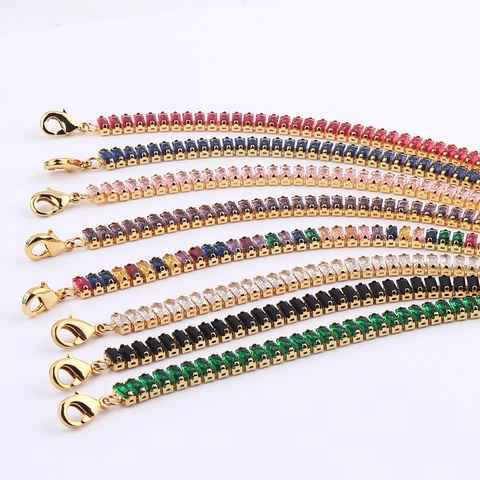 Collana Tennis In Zirconi Taglio Baguette Rame Placcato Oro 18K Choker Elegante Arcobaleno Accessorio Gioielli Donna