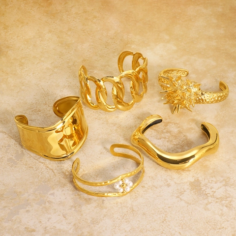 Exaggerated Wide Open Cuff Bracelet For Women Stainless Steel 18K Gold Plated Waterproof Hypoallergenic Punk Style